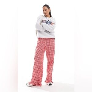 ASOS Red Checkered Wide Leg Pants with Frill